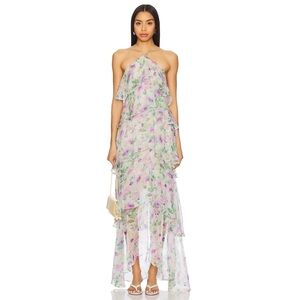 Elliatt Floral Watercolor Halter Maxi Dress in White, Lavender, Green
